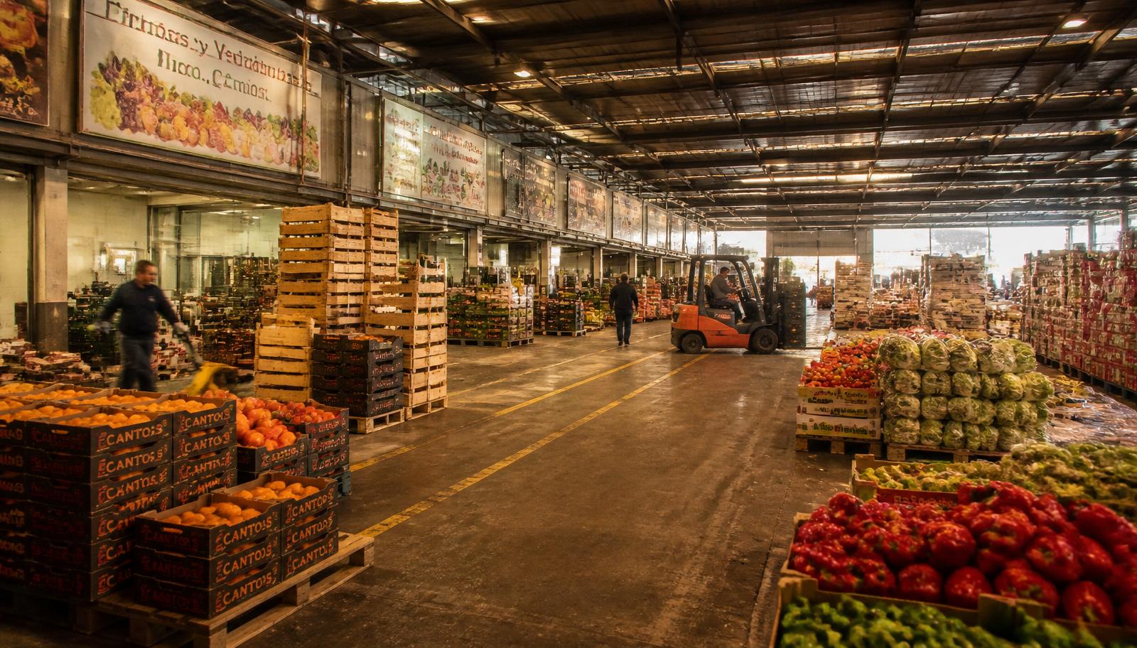 Mercado mayorista de frutas y hortalizas al amanecer: cajas, palés y carretillas — módulo de ventas Ambergoods