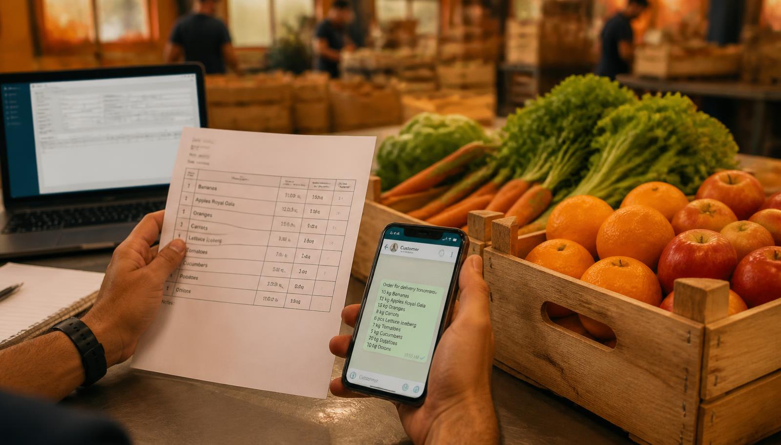 Persona en un almacén de distribución alimentaria comparando un pedido en papel con un mensaje de WhatsApp junto a cajas de frutas y verduras