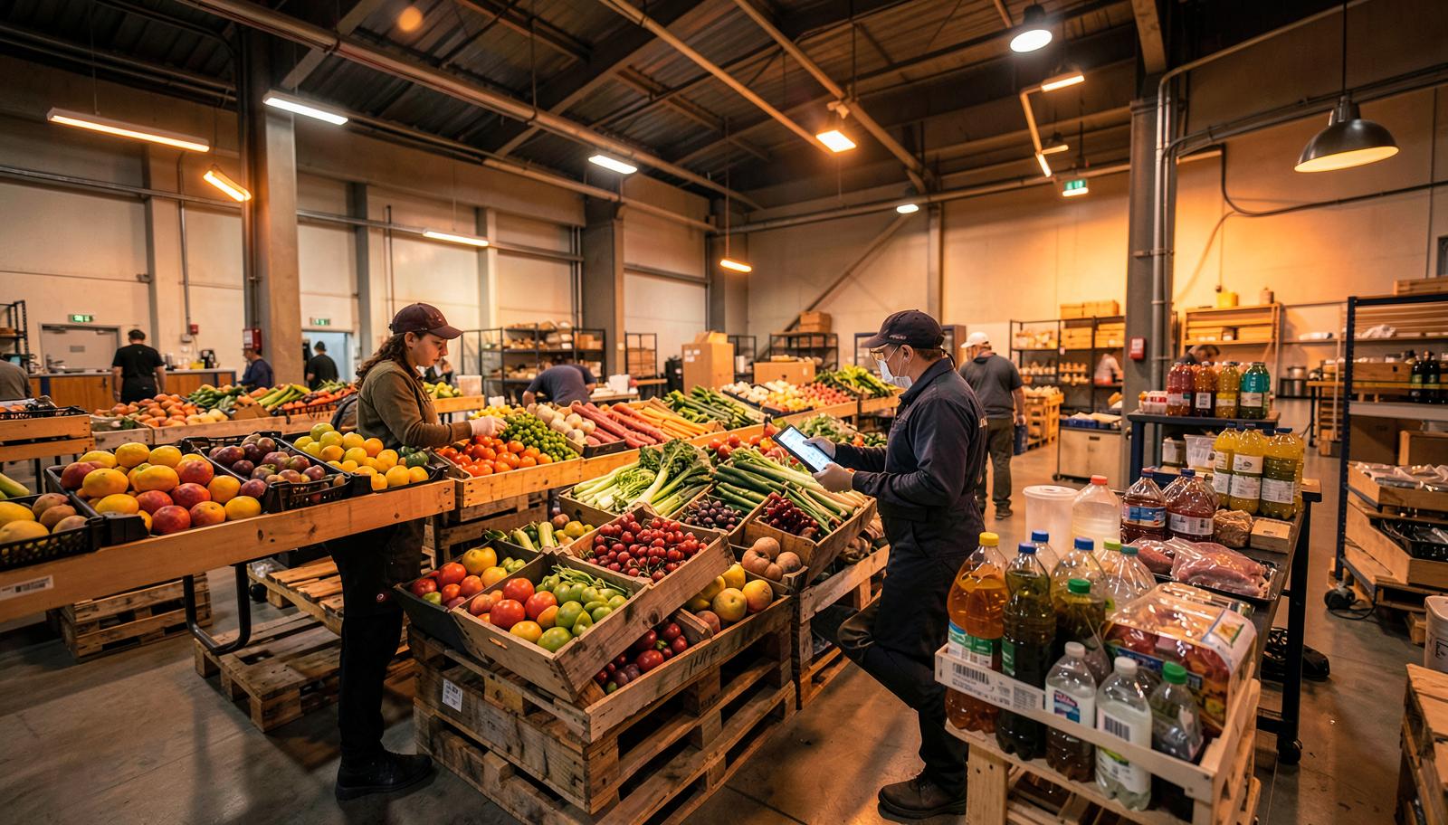 Almacén de distribución alimentaria HORECA con frutas, verduras, bebidas y trabajadores gestionando pedidos con tablet